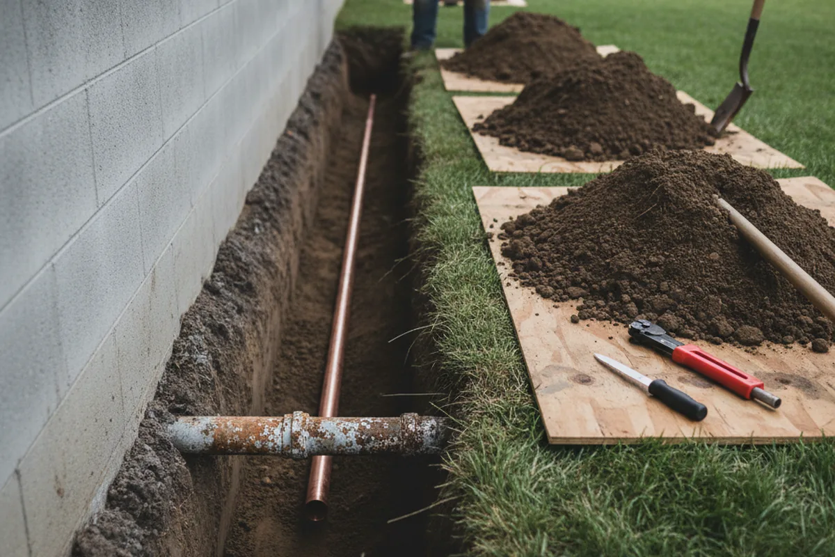 Excavated water line trench during Water Softener Installation in White Mountain Lake